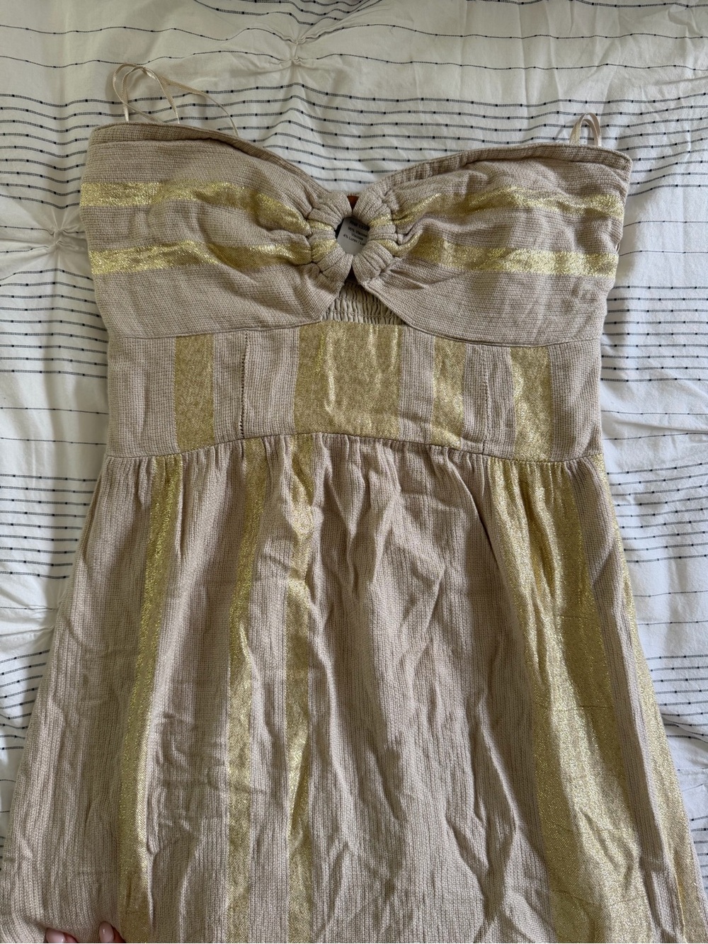 Anthropologie L Space Linen Gold Strapless Maxi Dress with Wood Knot Front - Picture 6 of 14